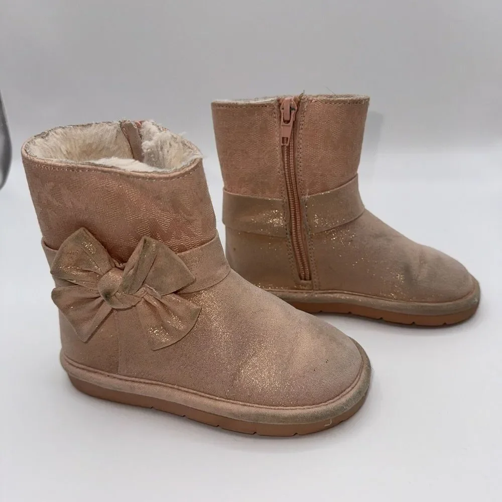 Michael Kors Girls Toddler Size 8 Pink Gold Shimmer Bow Faux Fur Winter‎ Boots